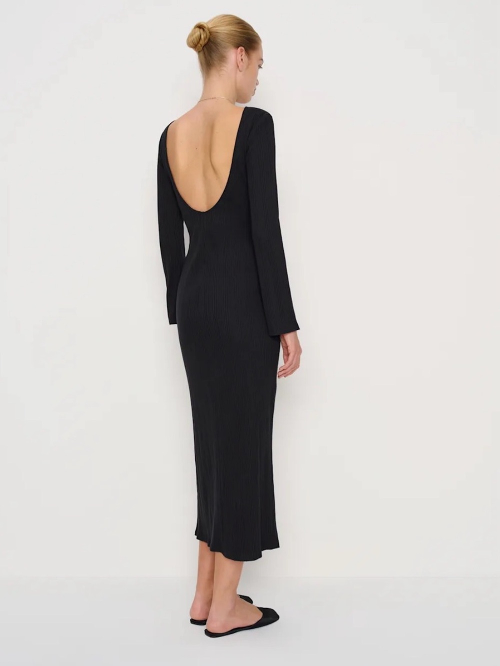 Reformation Black Long-Sleeve Scoop-Back Midi Dress